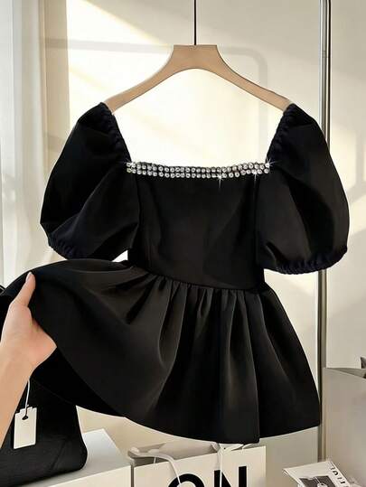 Franclia Women's Elegant Square Collar Rhinestone Waist Shirt