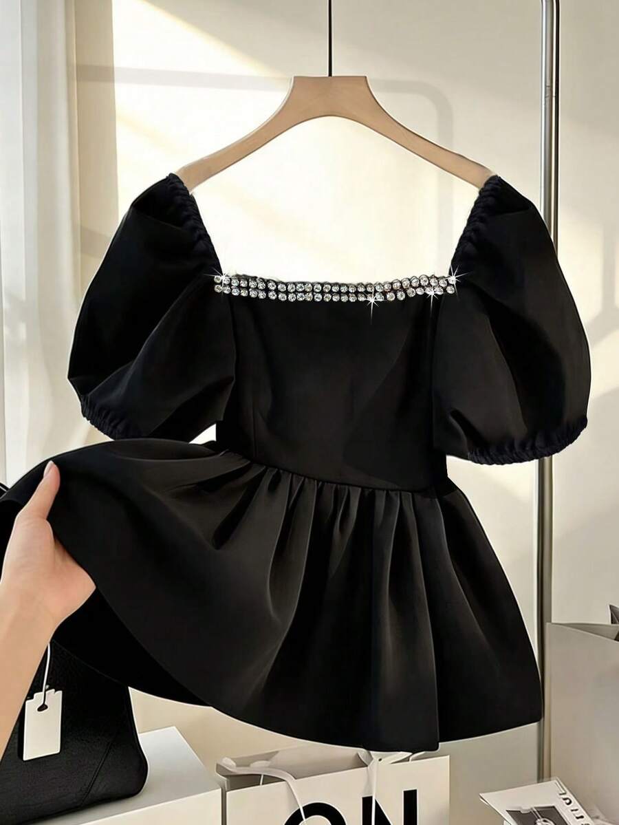 Franclia Women's Elegant Square Collar Rhinestone Waist Shirt - Black - View 1