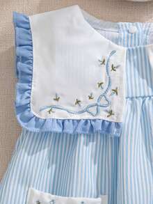 Souflis Souflis 女婴夏季新款可爱彼得潘领蝴蝶结刺绣花边口袋前开襟公主裙，甜美休闲时尚 - 藍色 - 查看 9