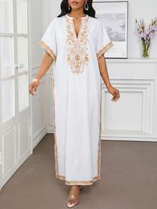 SHEIN Lady Women's Graphic Print Notched Neck Casual Short Sleeve Dress White Maxi Dress Women Boho White Dress White Beach Cover Up - Multicolor - View 4