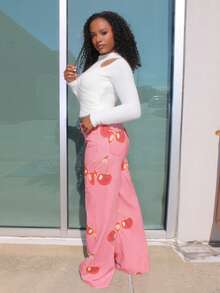 Steph T 女士休闲水洗樱桃印花牛仔裤 - 粉色 - 查看 3