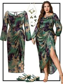 SHEIN Clasi 大码女式扎染印花荷叶边领灯笼袖侧开衩下摆优雅连衣裙 - 綠色 - 查看 9