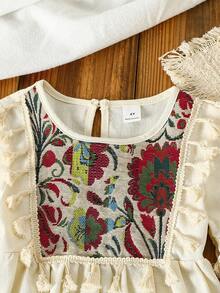 Young Girls' Vacation Style Woven Apricot Round Neck Patchwork Pattern Flare Sleeve Midi A-Line Dress - Apricot - View 10