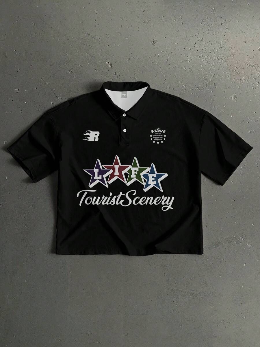 StoneGrade New Preppy Star Symbol Casual Printed Men Standard Size Cropped Loose Fit Short Sleeve Polo Shirt, Essential For Dates And Gatherings, Fashionable Couple Gift For Boyfriend - Black - View 1