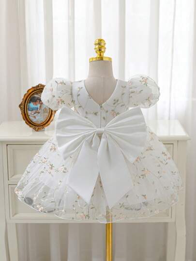 Flower Girl, Birthday Party, Wedding Holiday Dress, Baby Girls Princess Dress, Floral Embroidery, Big Bow Back, Cute Puffy Skirt, Suitable For Party Or Special Occasion Photo Shoot To Look More Natural And Beautiful, All Seasons