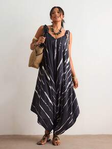 Freevana Bohemian Black Line Floral Print V-Neck Maxi Jumpsuit, Loose Wide Leg Vacation Style Romper, Slimming Drape Casual Jumpsuit, Summer - Black - View 6