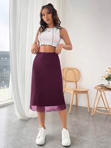 SHEIN Essnce Chân váy dài ngang gối màu trơn, kiểu dáng thường ngày, thích hợp cho mùa hè. - Màu đỏ tím - Xem 4