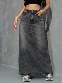 SHEIN Jeanoir Falda midi de mezclilla casual/de trabajo de cintura alta con bolsillos para mujer - Gris - Ver 3