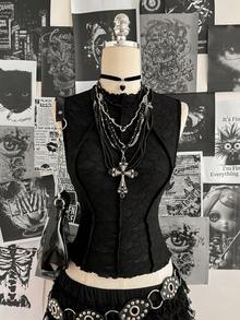 Attitoon Áo sơ mi nữ cổ tàu dáng ôm, màu trơn, chất liệu vải dệt họa tiết cổ điển. - màu đen - Xem 7