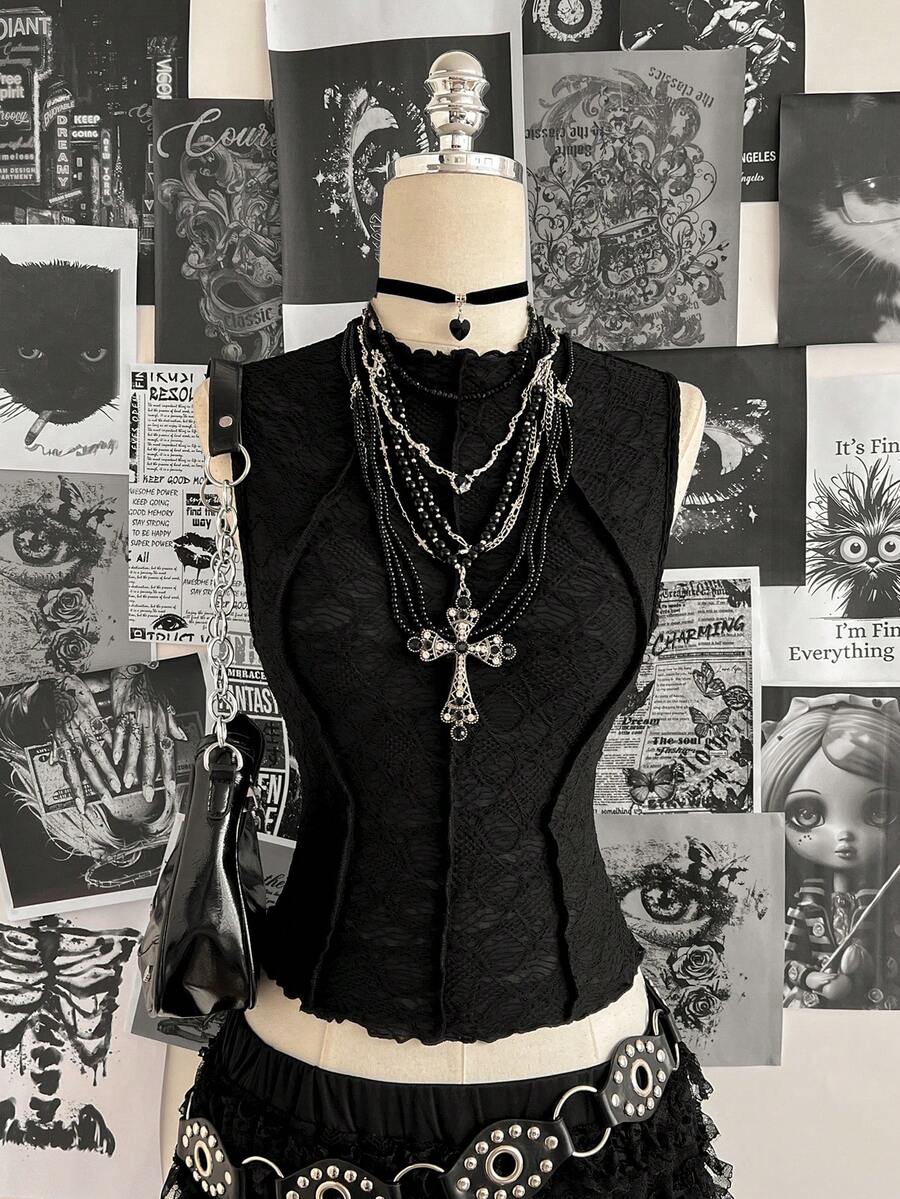 Attitoon 女士复古纹理纯色立领修身衬衫 - 黑色 - 查看 1