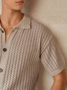 RONVEXI 男士夏季度假款前开襟镂空针织衬衫 - 杏色 - 查看 2