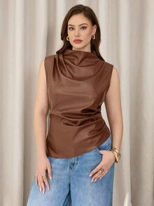 Auralis Áo nữ cỡ lớn kiểu dáng thường ngày, Áo PU màu đỏ tía, Áo nữ thanh lịch, Trang phục nữ mùa thu, Thời trang nữ mùa thu - Lạc đà - Xem 5