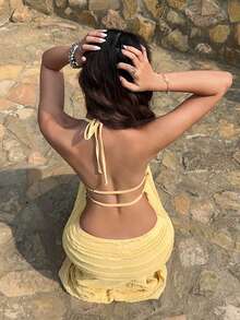 MainGRL 's Pale Yellow Summer Casual Vacation Holiday Outfit,Textured Knit Backless Halter Top And Mid-Waisted A-Line Skirt Set For Women,Elegant - Light Yellow - View 3