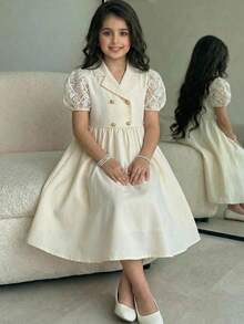 SHEIN 少女优雅翻领泡泡袖纹理连衣裙 - 杏色 - 查看 6