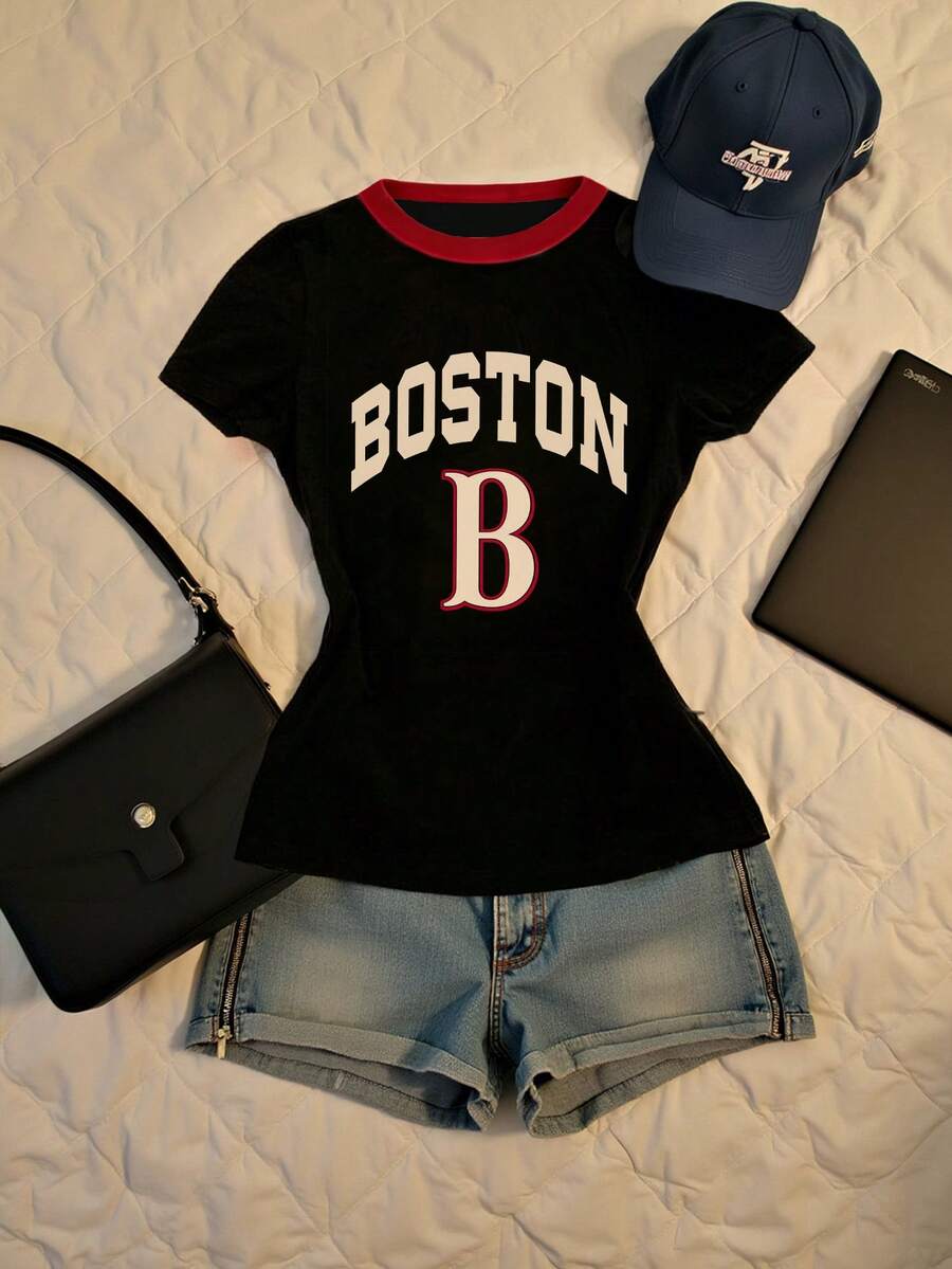 Noixe 女士休闲字母数字印花圆领短袖T恤，夏季 - 白色 - 查看 1