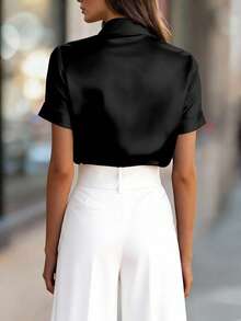 Balvessa Áo sơ mi nữ tay ngắn màu trơn bằng vải satin, kiểu dáng thanh lịch, phù hợp cho công sở, mùa hè. - màu đen - Xem 2