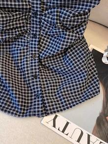 Franclia 女士休闲格子单排扣褶裥抹胸上衣 - 藍色 - 查看 5