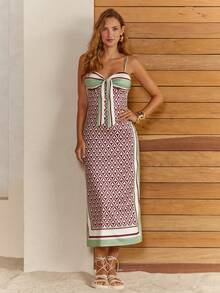 CAJUNI 女士树叶印花扭结设计优雅收腰中长吊带连衣裙，适合派对和活动 - 卡其色 - 查看 1