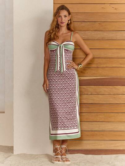 CAJUNI Women's Leaf Print Twist Design Elegant Waist Cinched Midi Cami Dress, Suitable For Parties And Events, Resort Dresses For Women