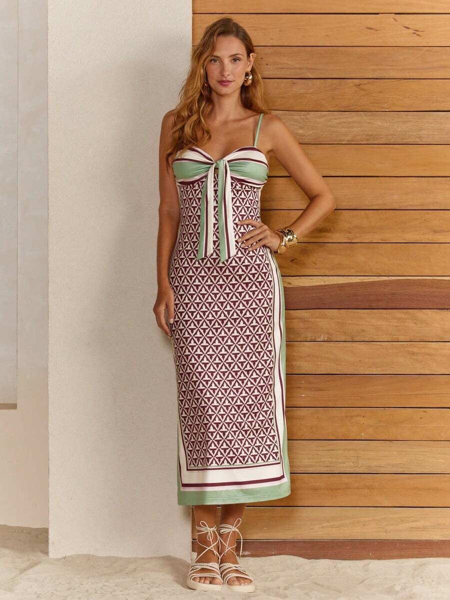 CAJUNI 女士树叶印花扭结设计优雅收腰中长吊带连衣裙，适合派对和活动 - 卡其色 - 查看 1