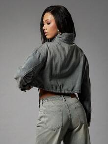 Denimoi Elastic Waist Toggle High Neck Zip Front Cropped Denim Jacket - Medium Wash - View 5