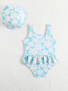 Baby Girls Light Blue Floral Print Swimsuit,Sleeveless Skirt Style One-Piece Beachwear - Teal Blue - View 2