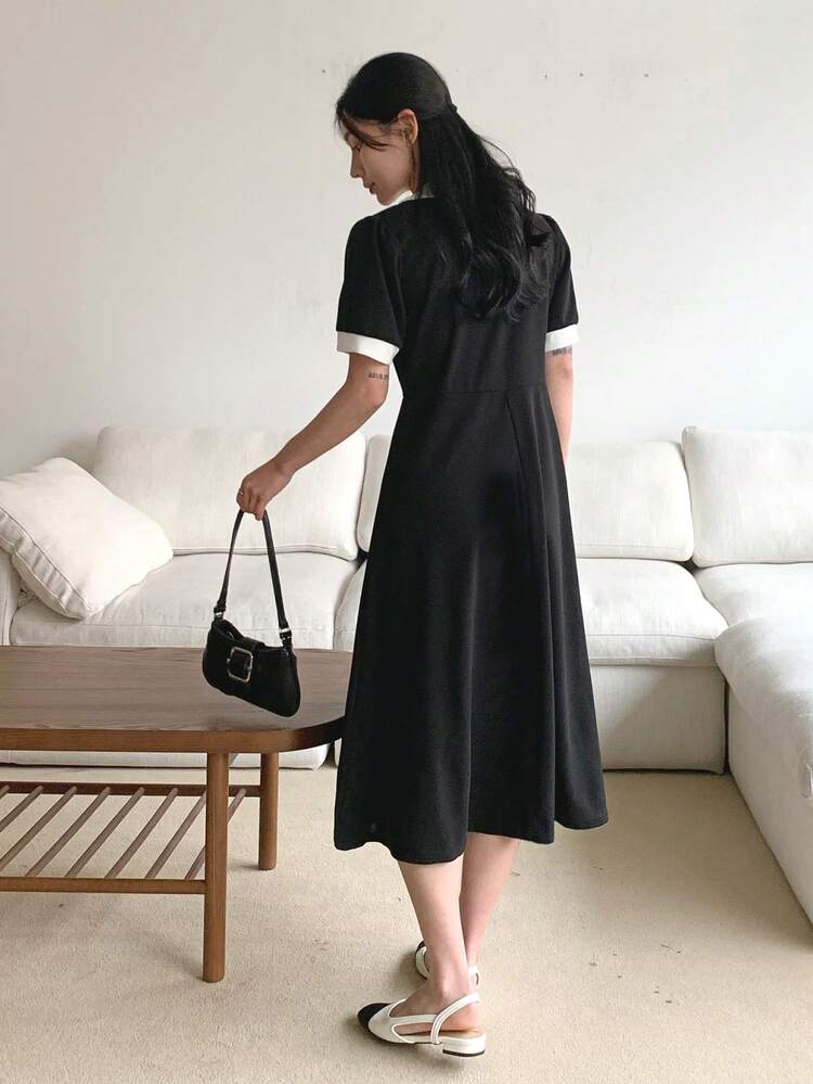 Women's Black & White Patchwork Color Block Midi Dress Sundress Summer