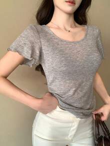 DAZY 女士圆领短袖荷叶边袖口修身休闲T恤 夏季 - 灰色 - 查看 3