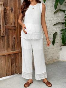 SHEIN 2pcs/Set Maternity Round Neck Floral Lace Trim Top And Adjustable Waist Wide Leg Pants, Casual Daily Wear - White - View 3