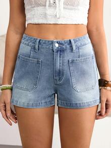 Breezaya Women's Casual Washed Pocket Denim Shorts, Summer - Blue - View 4