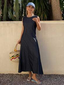 Livesso Sleeveless Denim Dress With Waist Seam For Women - Blue - View 5