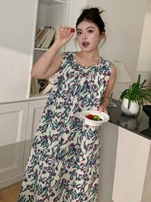 Dazy Plus Áo ngủ dài không tay dáng rộng họa tiết hoa nhí, đồ mặc nhà thoải mái cho bé gái. - Màu tím - Xem 6