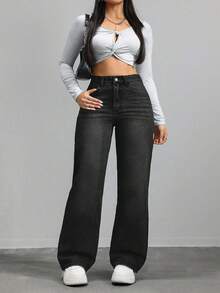 SHEIN CURVE+ 大码女式牛仔蓝色无弹力修身直筒牛仔裤，秋季女装 - 深灰色 - 查看 4