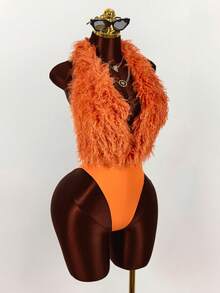 Amplova Wine Red Fluffy Halter Neck Sexy Bodysuit For Party - Orange - View 5