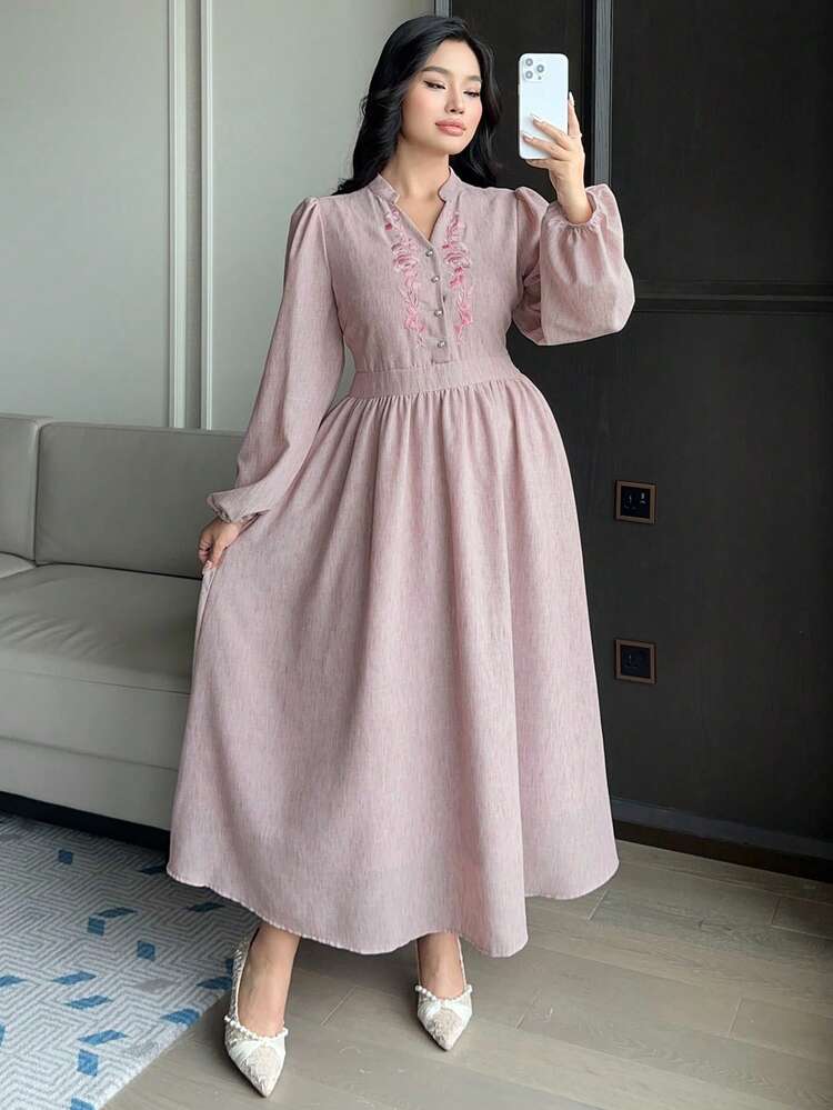 Dazy Plus Plus Size Women Elegant Long Dress With Embroidered Placket, Cinched Waist And Lantern Sleeves, Pink, Spring/Summer Sundress Boho