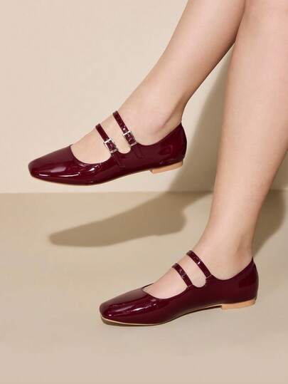 CUCCOO CURVES Zapatos planos cómodos de punta cuadrada tipo Mary Jane de color burdeos de amplio ajuste para mujer, zapatos de vacaciones de talla grande para el verano y Halloween