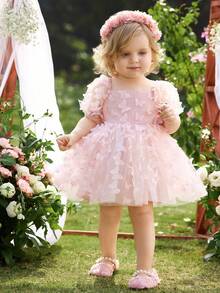 One-Piece Baby Girl 3D Bow Woven Princess Sleeve Dress, Suitable For Parties, Outings, And Other Occasions. Pink Toddler Butterfly Dress Pink Princess Dress Babygirl Princess Puffy Dress Pink Bow Dress Pink Flower Girl Dress Pink Bow Baby Dress Baby Butterfly Dress Pink Baby Dress Pink Butterfly Baby Dress - Pink - View 6