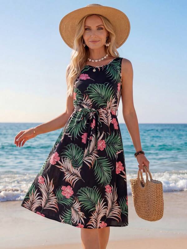 Sylviya Women Tropical Print Sleeveless Casual Vacation Dress