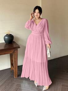 Vestido largo de manga larga con escote en V y espalda descubierta, vestido elegante y fluido de estilo griego de diosa blanca - Rosa - Ver 3
