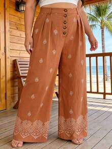 Ceyna 大码女式休闲度假梭织弹力腰阔腿裤，春夏款 - 駝色 - 查看 3