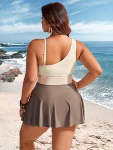 Swim Lushoire Plus Size Women 2pcs Set Contrast Color One-Shoulder Ruched Skirt Swimsuit Beach Cover Up For Summer Beach Vacation - Multicolor - View 3