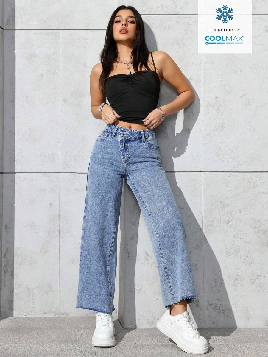 SHEIN PETITE 女士休闲日常水洗斜插口袋直筒牛仔裤 - 淺色水洗藍 - 查看 1