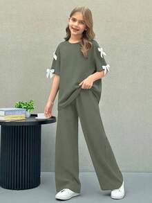 Firerie Kids Firerie Kids Nova Glow Tween 女童纯色圆领蝴蝶结宽松 T 恤和宽松长裤两件套休闲套装 - 軍綠色 - 查看 3
