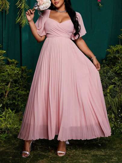 Roveilla Vestido maxi de mujer talla grande con estilo de princesa elegante, mangas extra largas con volantes, lazo, silueta en línea A, adecuado para vacaciones, bodas, damas de honor, fiestas, color rosa sólido