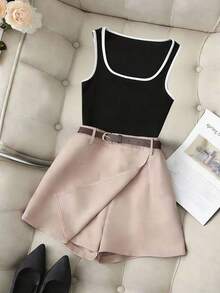 Franclia 2件套女士时尚日常百搭黑白撞色罗纹针织背心搭配卡其色阔腿短裤，春夏款 - 彩色 - 查看 2