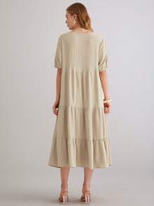 Parysyn Plus Size Elegant Women's Solid Color Square Neck Short Sleeve Tiered Hem Midi Dress Soft Breathable Casual Summer Dress Dresses For Women Summer Beige Dress For Women Long Casual Dress Khaki Dress Women Casual Long Dress Beige Dresses Women Dresses For Women Summer Summer Modest Dress - Apricot - View 2