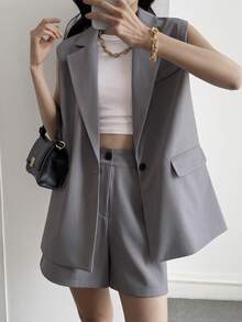 Strévra Women's Casual Collared Sleeveless Jacket And Shorts 2 Pieces Set - Grey - View 4