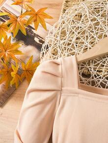 SHEIN Elladie kids 2pcs/Set Christmas Girls Casual Daily Ruffle Shoulder T-Shirt Top + Classic Red & White Plaid Wool Skirt Irregular Design Outfit, Fashionable & Versatile For Christmas And Other Occasions, Autumn/Winter - Multicolor - View 4