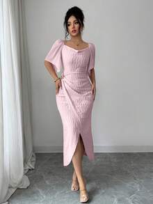 Modelyn Đầm nữ thanh lịch cổ bèo phối màu, khóa kim loại, khóa cài, dáng ôm, thích hợp cho mùa xuân/hè. - Hồng - Xem 9