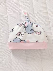 SHEIN 5pcs/Set Newborn Baby Boy Summer Outfit, Includes Cute Bear Print Knit Soft Bodysuit, All-Over Print Pants, Hat, Bib, Gloves - Pink - View 4